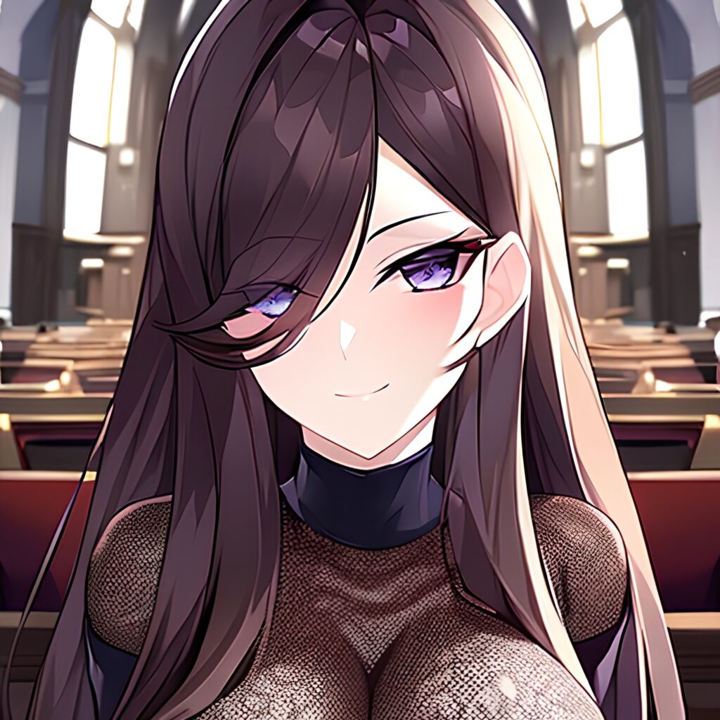 brunette church messy hair woman fishnet long hair 