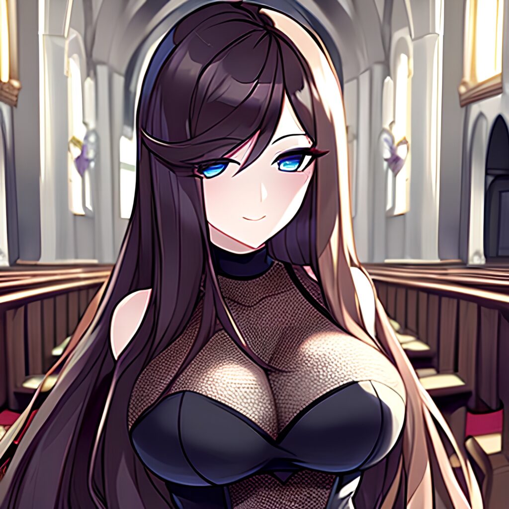 brunette church messy hair woman fishnet long hair 