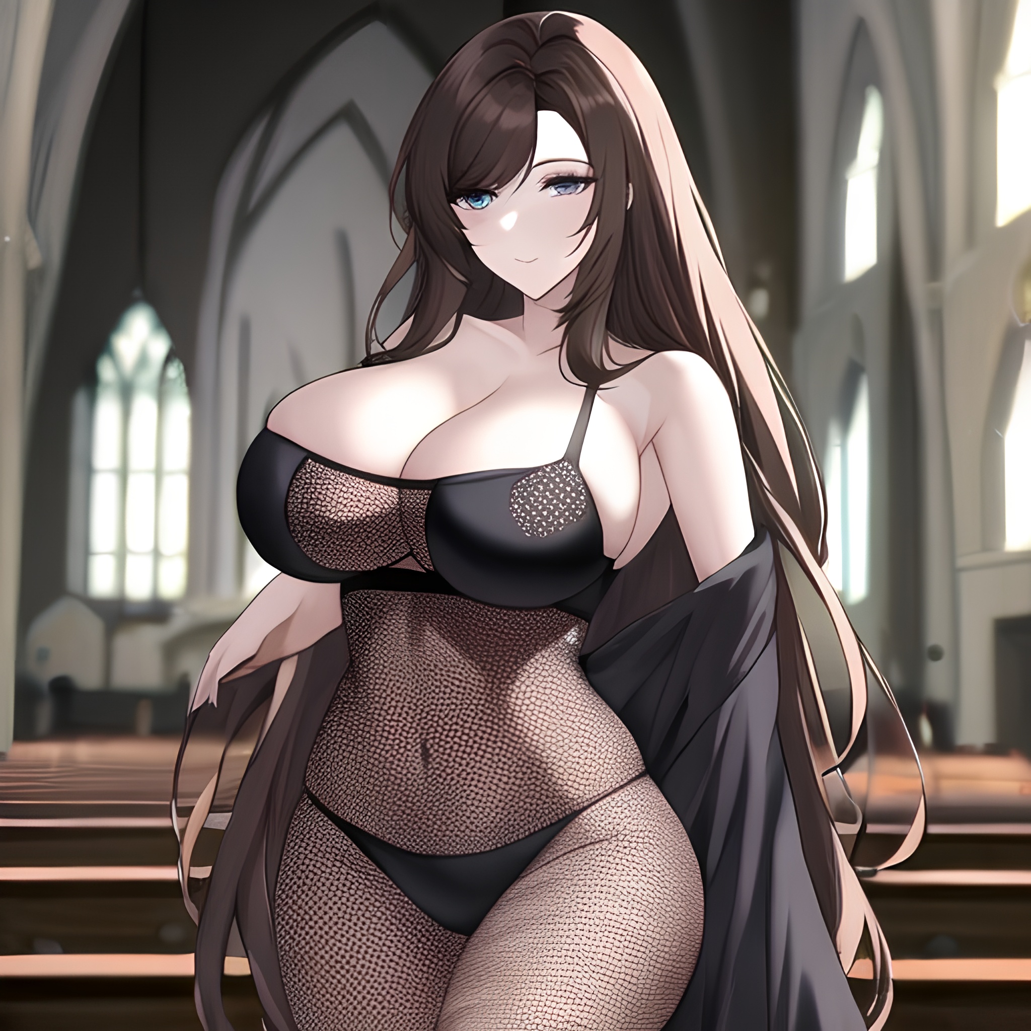 brunette church messy hair woman fishnet long hair 