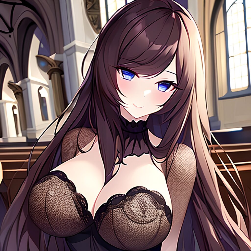 brunette church messy hair woman long hair fishnet 