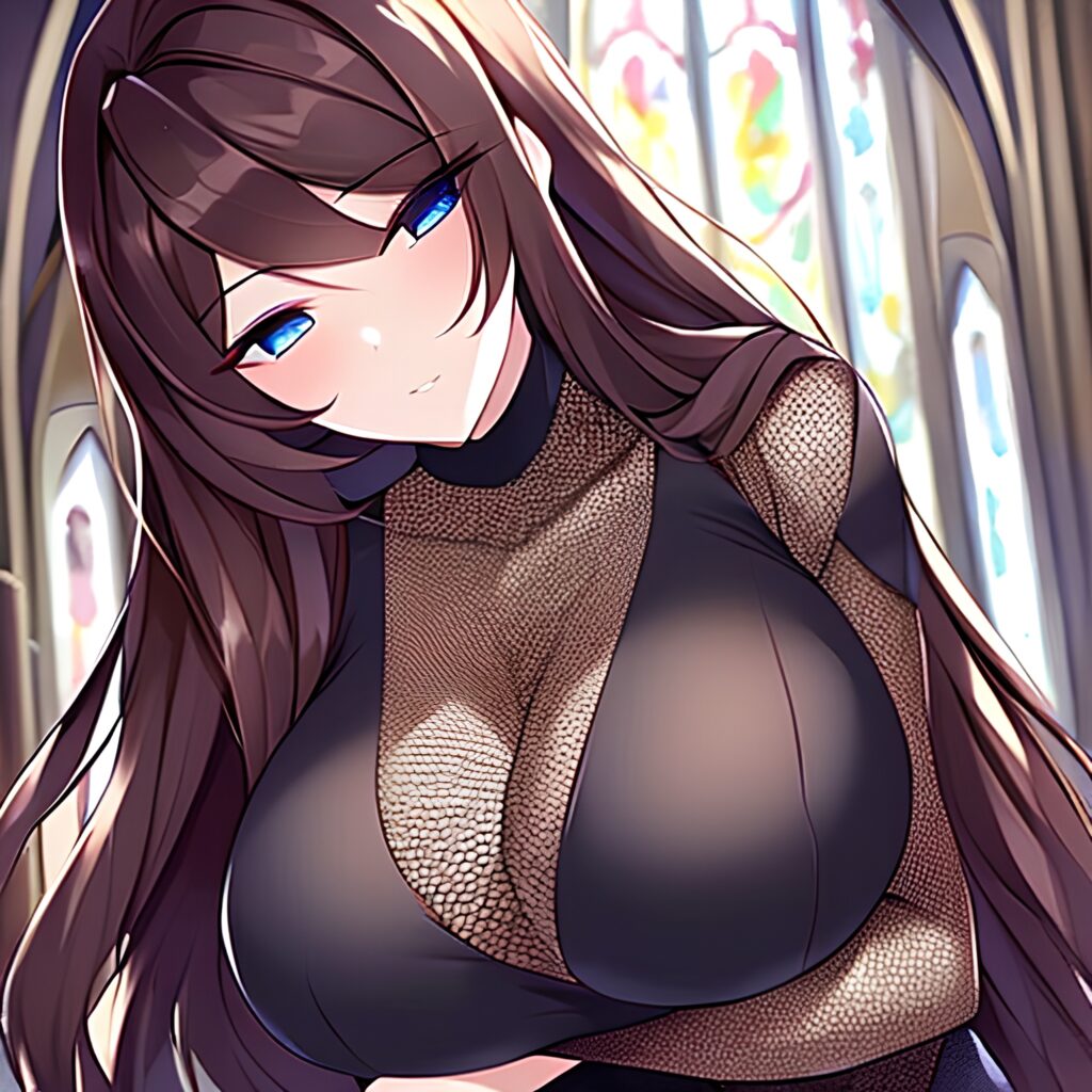 brunette church messy hair woman long hair fishnet 