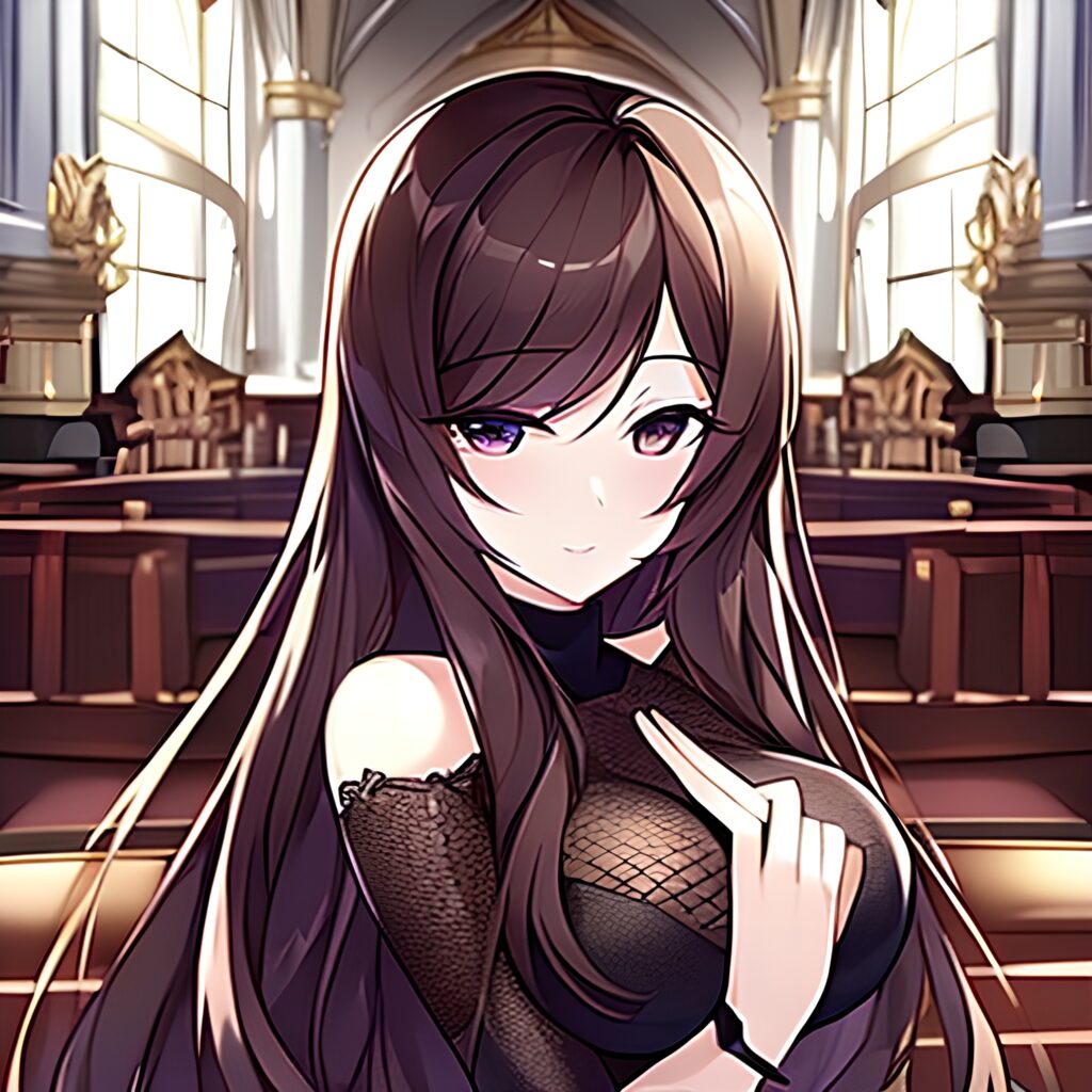 brunette church messy hair woman long hair fishnet 