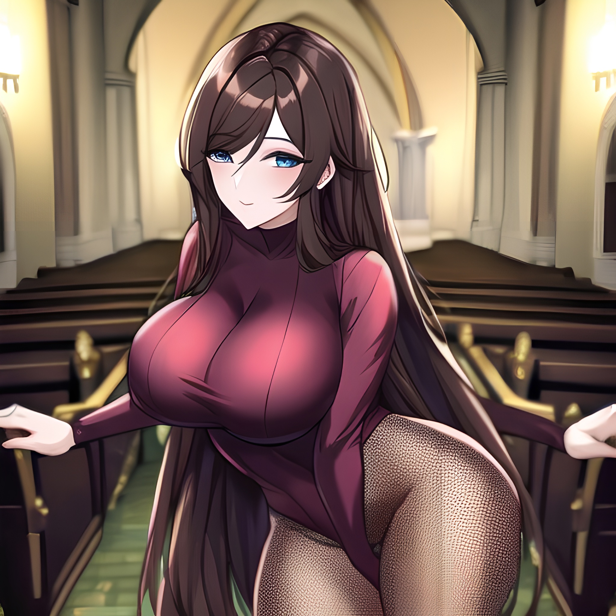 brunette church messy hair woman long hair fishnet 
