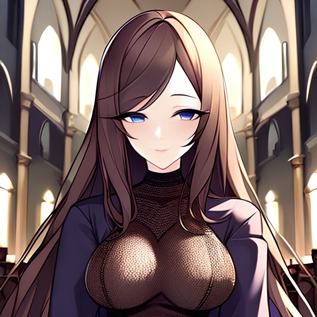 brunette church woman fishnet long hair messy hair 