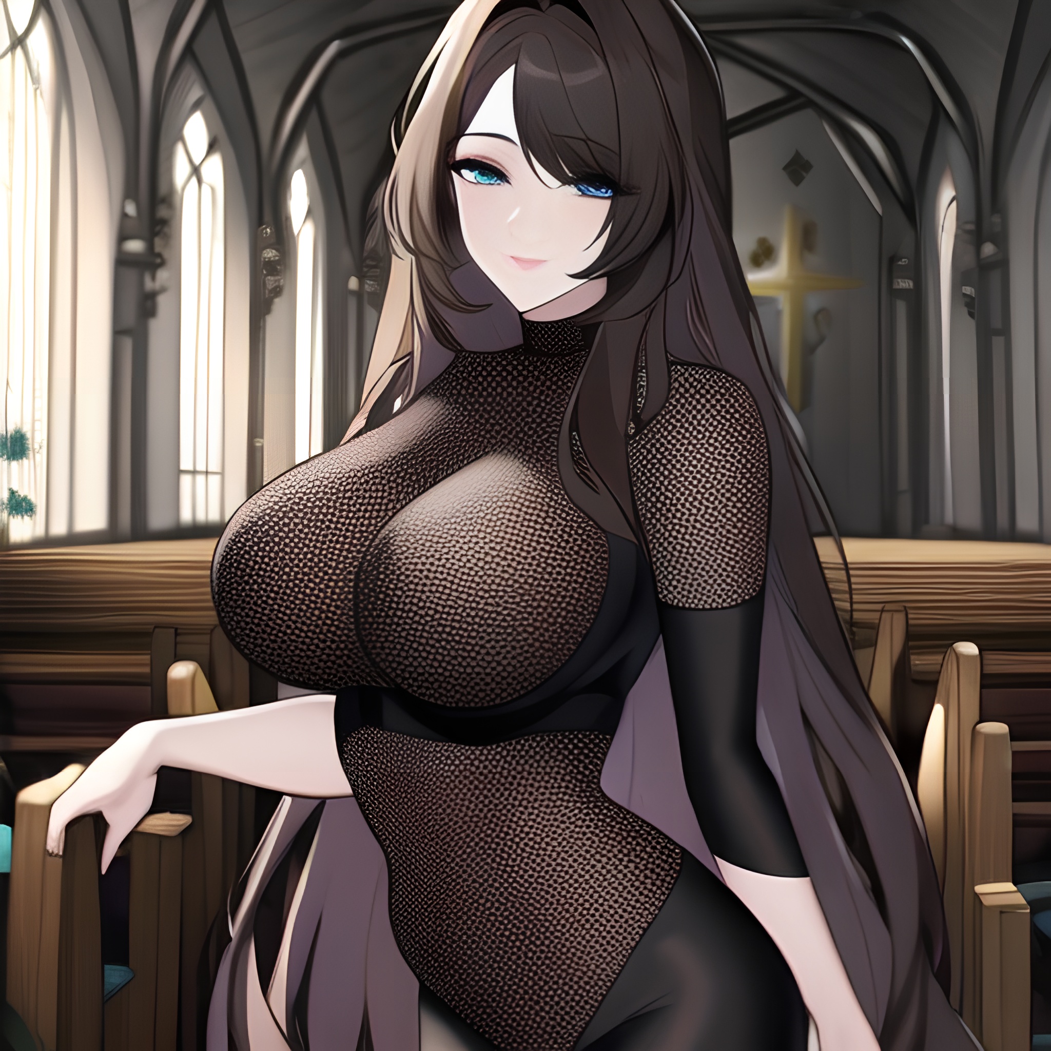 brunette church woman fishnet long hair messy hair 