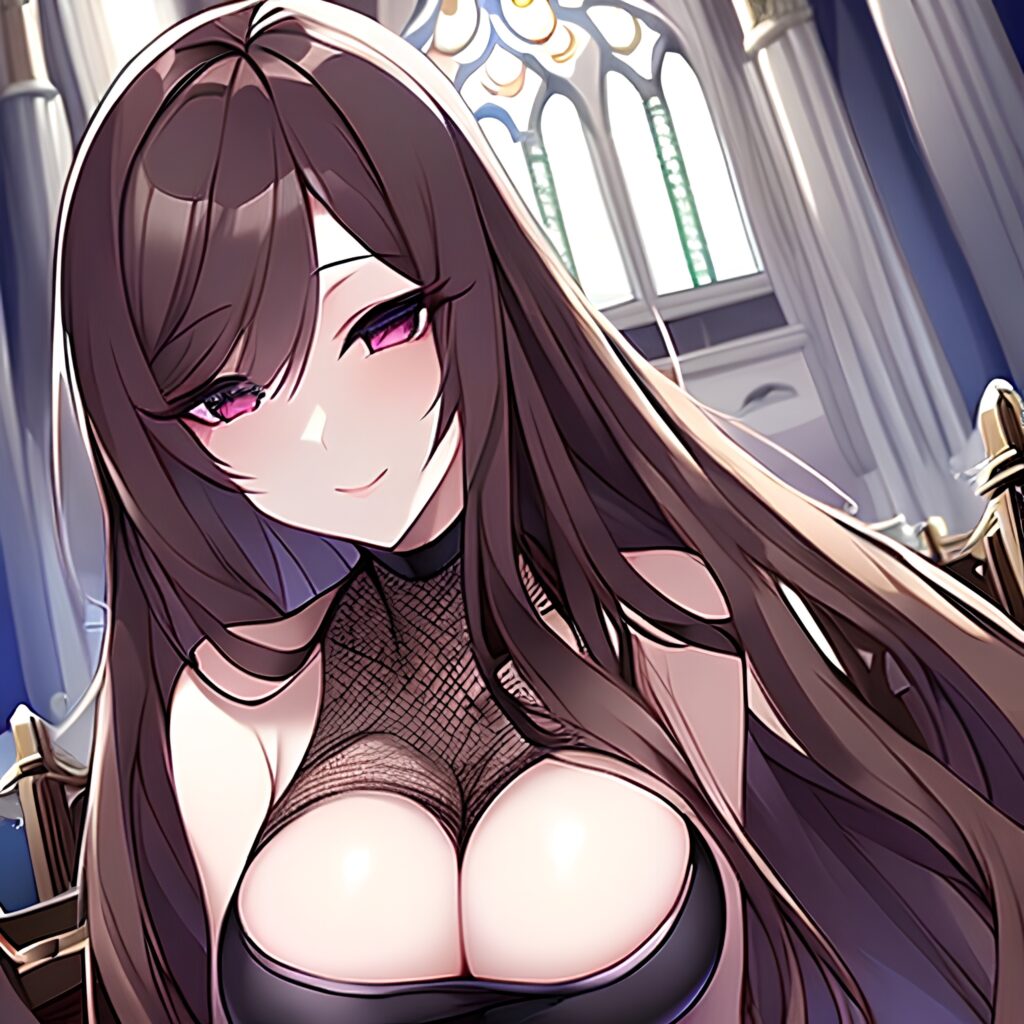 brunette church woman fishnet long hair messy hair 