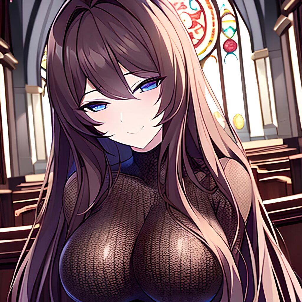 brunette church woman fishnet messy hair long hair 