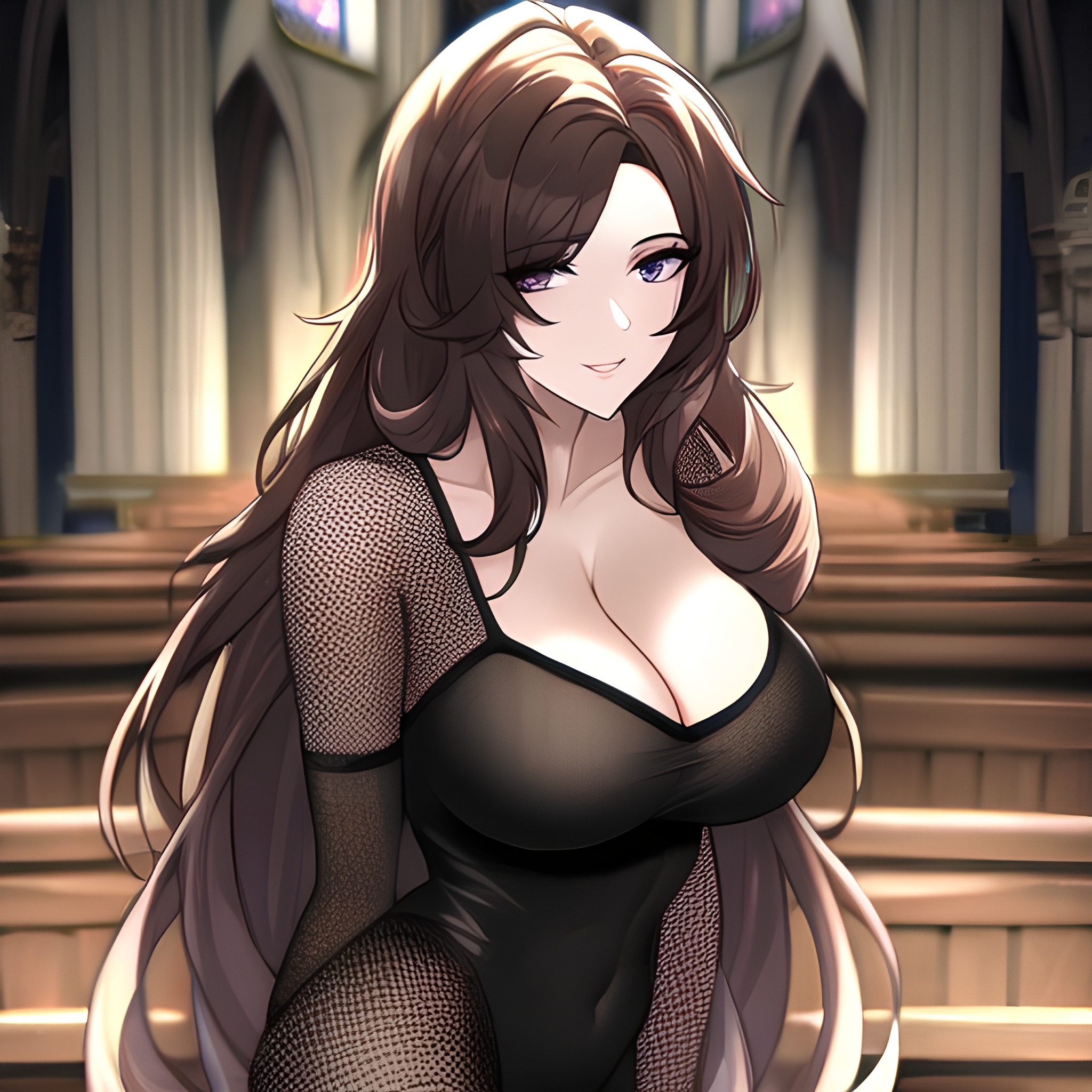brunette church woman fishnet messy hair long hair