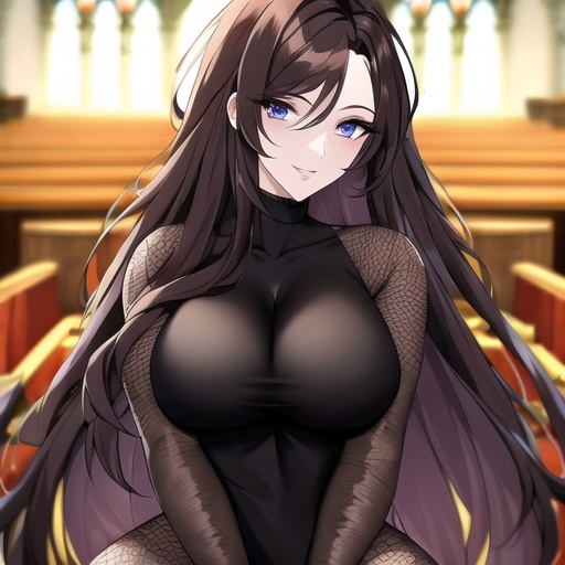 brunette church woman fishnet messy hair long hair 