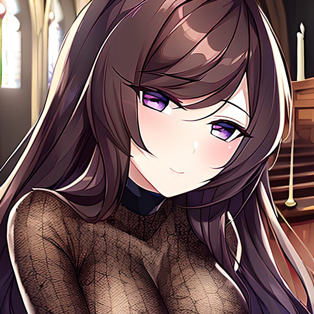 brunette church woman fishnet messy hair long hair 