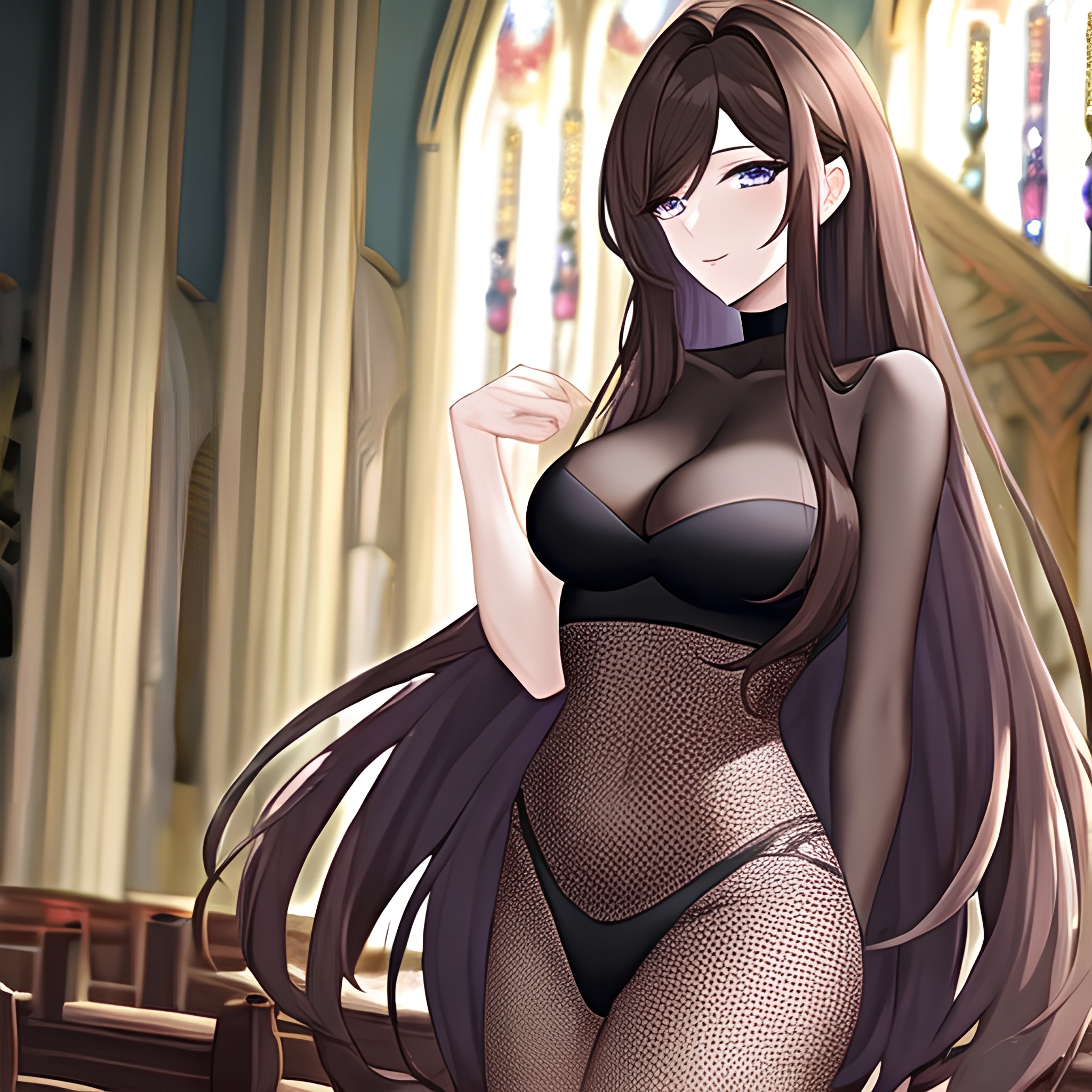 brunette church woman fishnet messy hair long hair 
