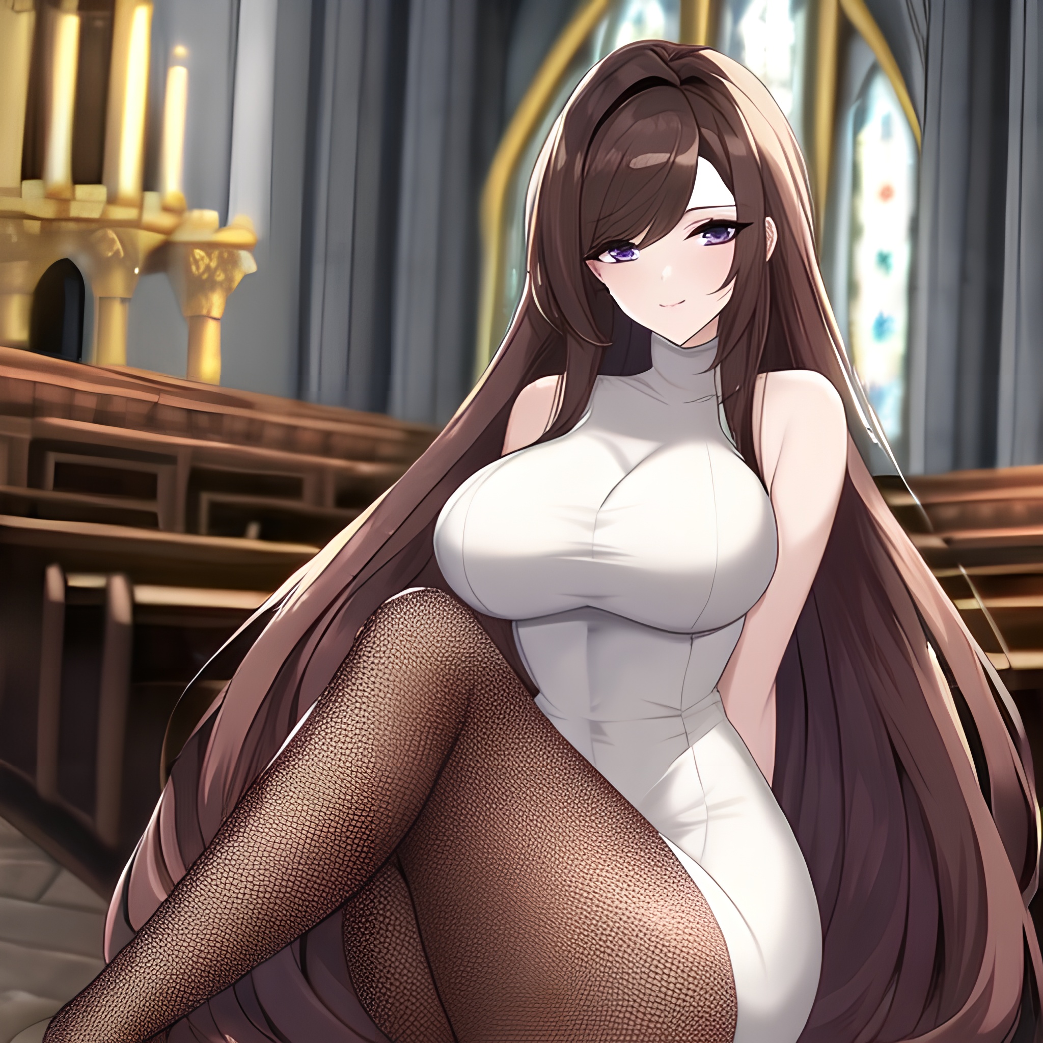 brunette church woman fishnet messy hair long hair 