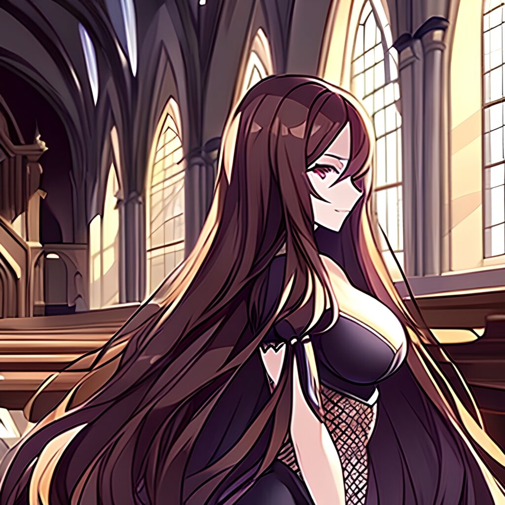 brunette church woman long hair fishnet messy hair 