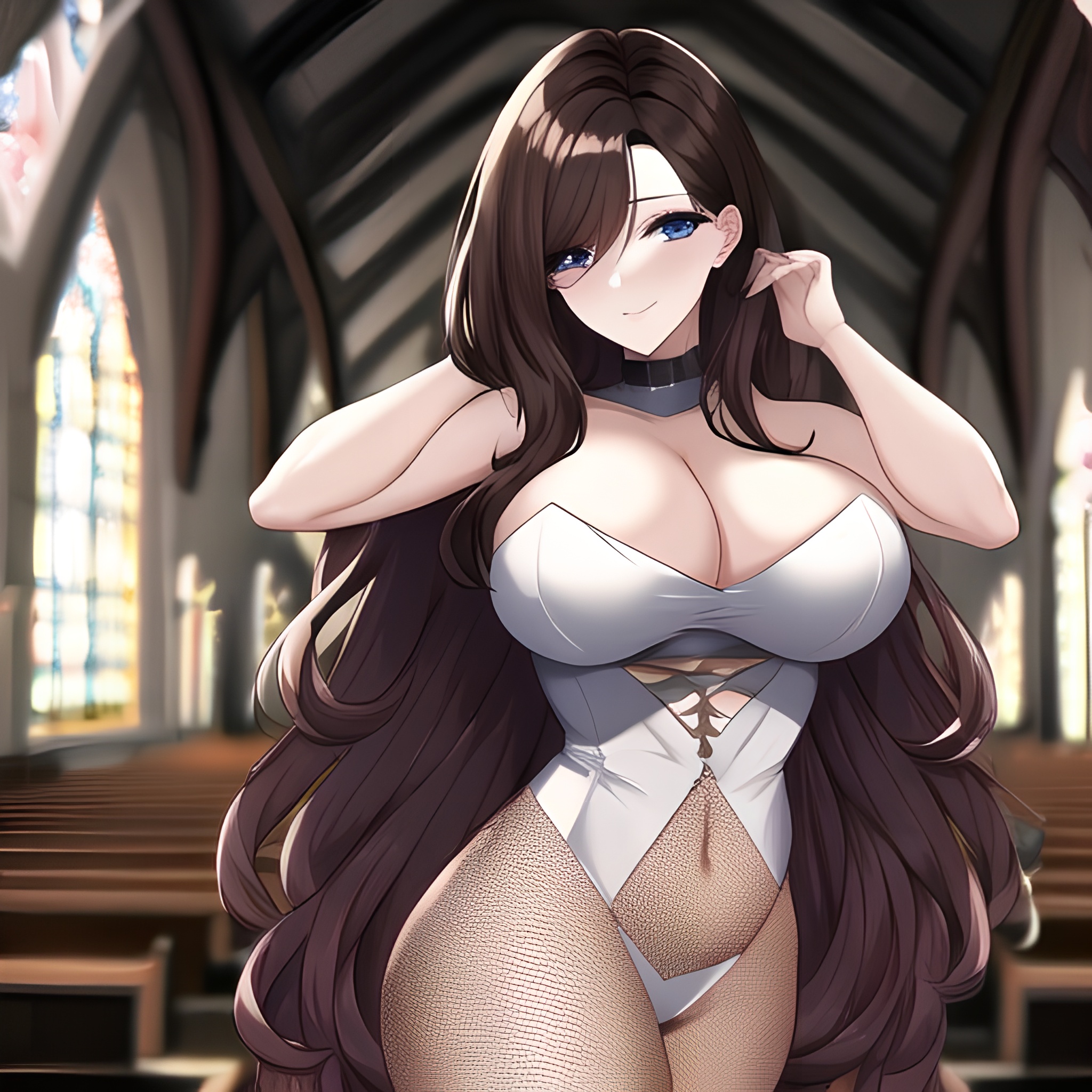 brunette church woman long hair fishnet messy hair 