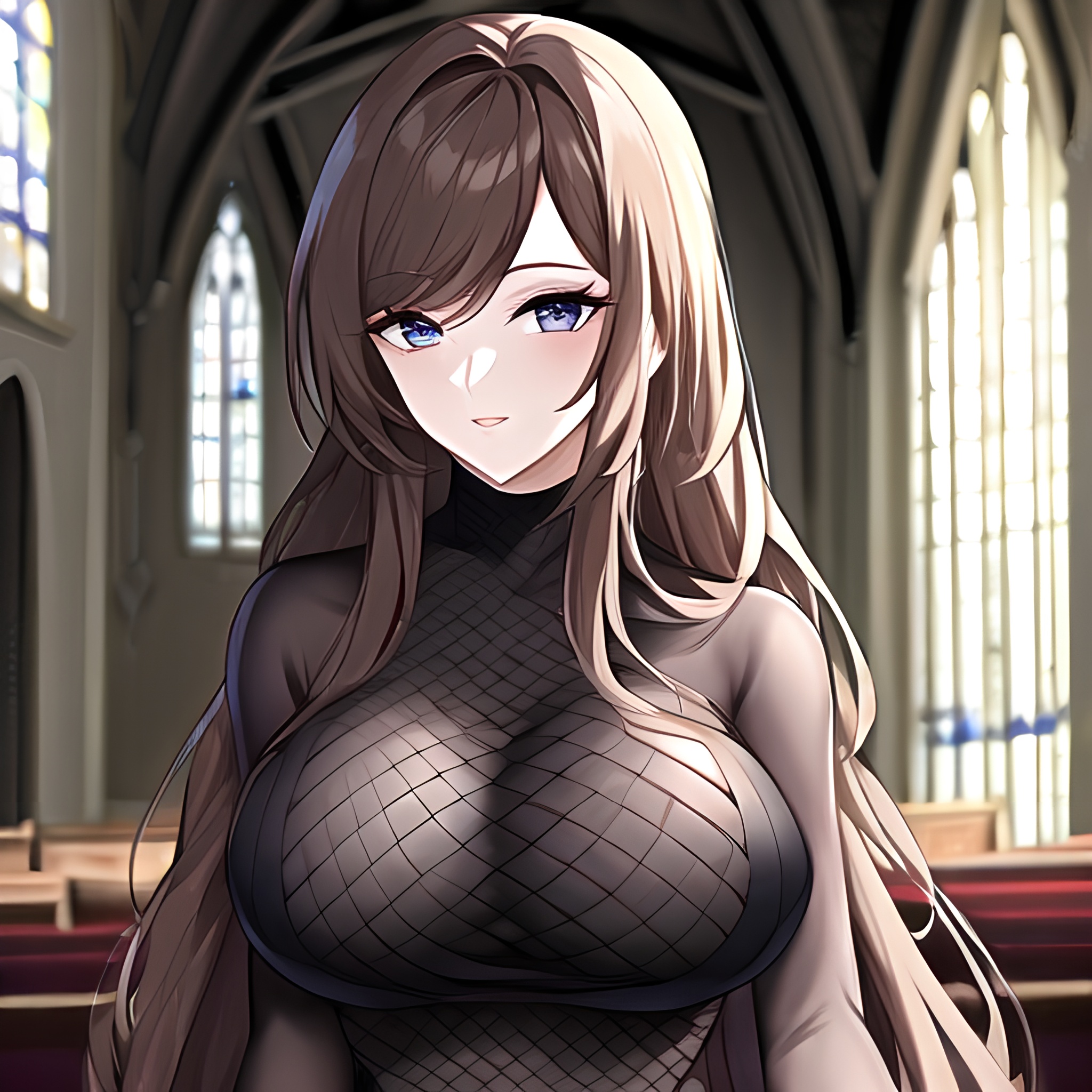 brunette church woman long hair fishnet messy hair 
