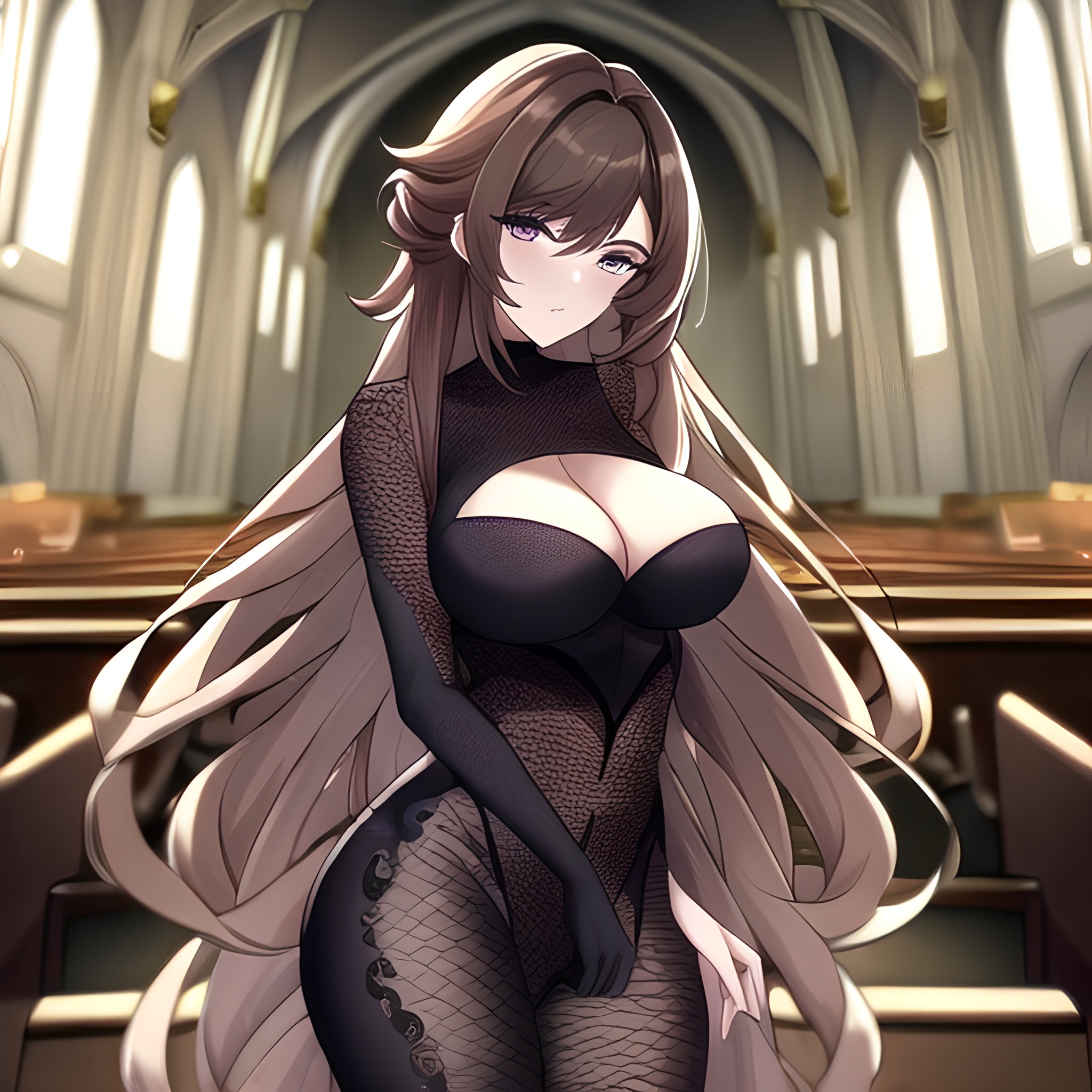 brunette church woman long hair fishnet messy hair 