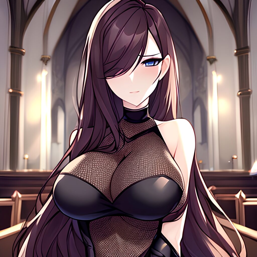 brunette church woman long hair fishnet messy hair 