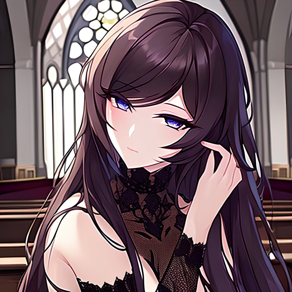 brunette church woman long hair fishnet messy hair 