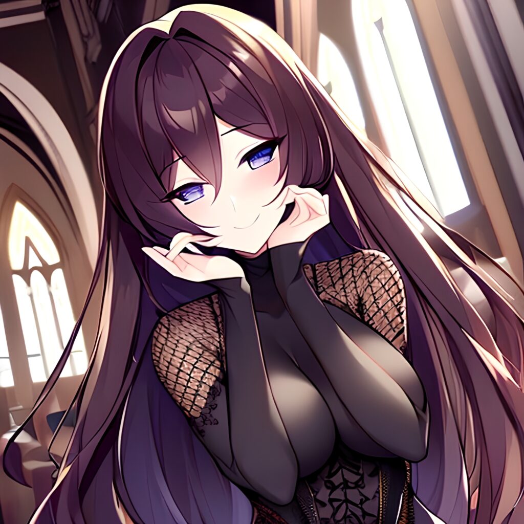 brunette church woman long hair fishnet messy hair 