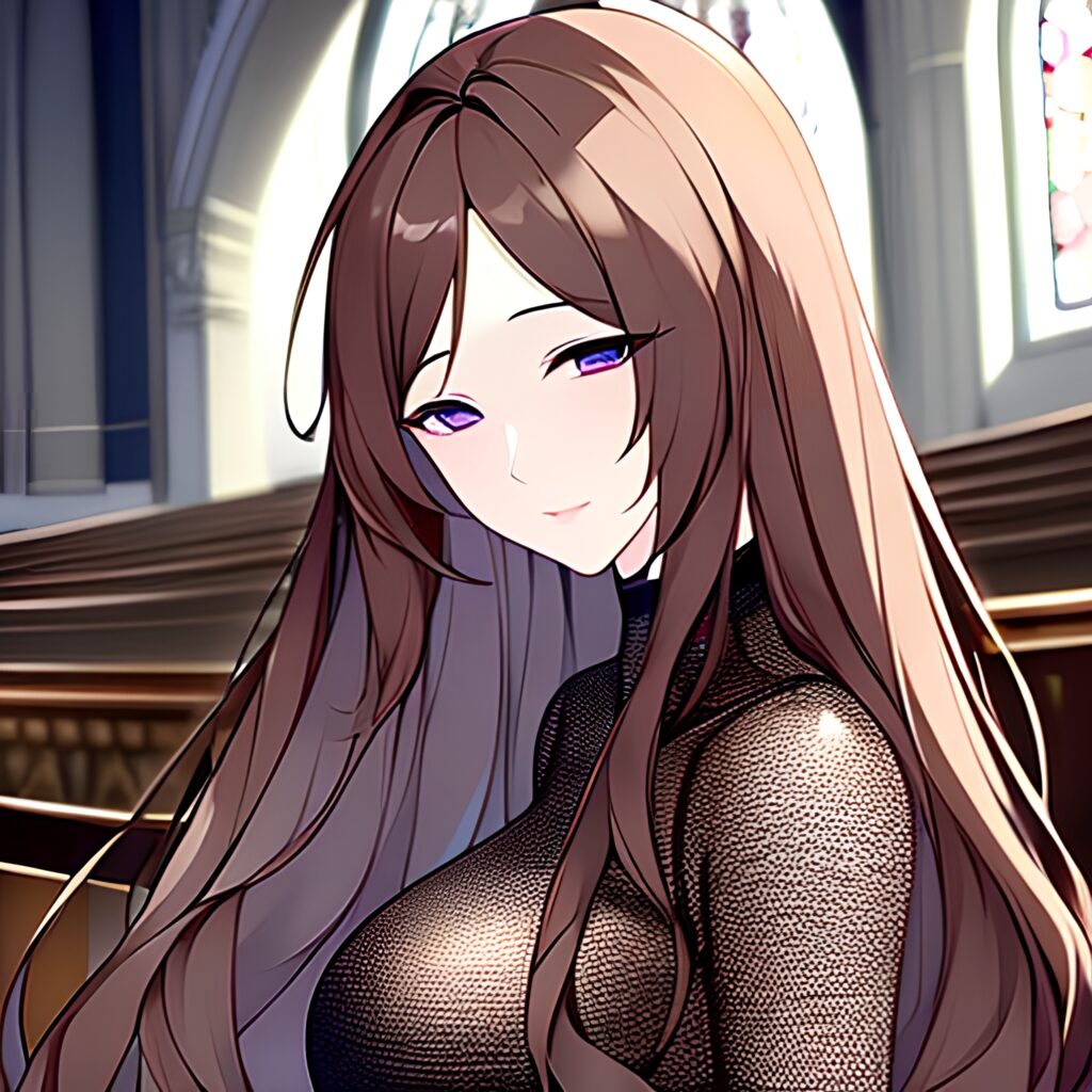 brunette church woman long hair messy hair fishnet 