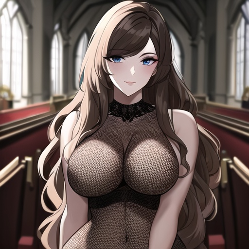 brunette church woman long hair messy hair fishnet 