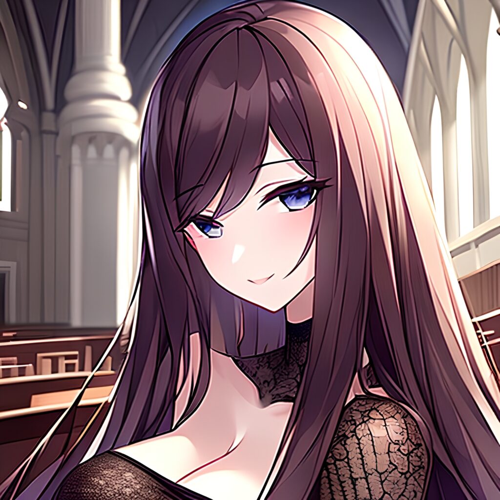 brunette church woman long hair messy hair fishnet 