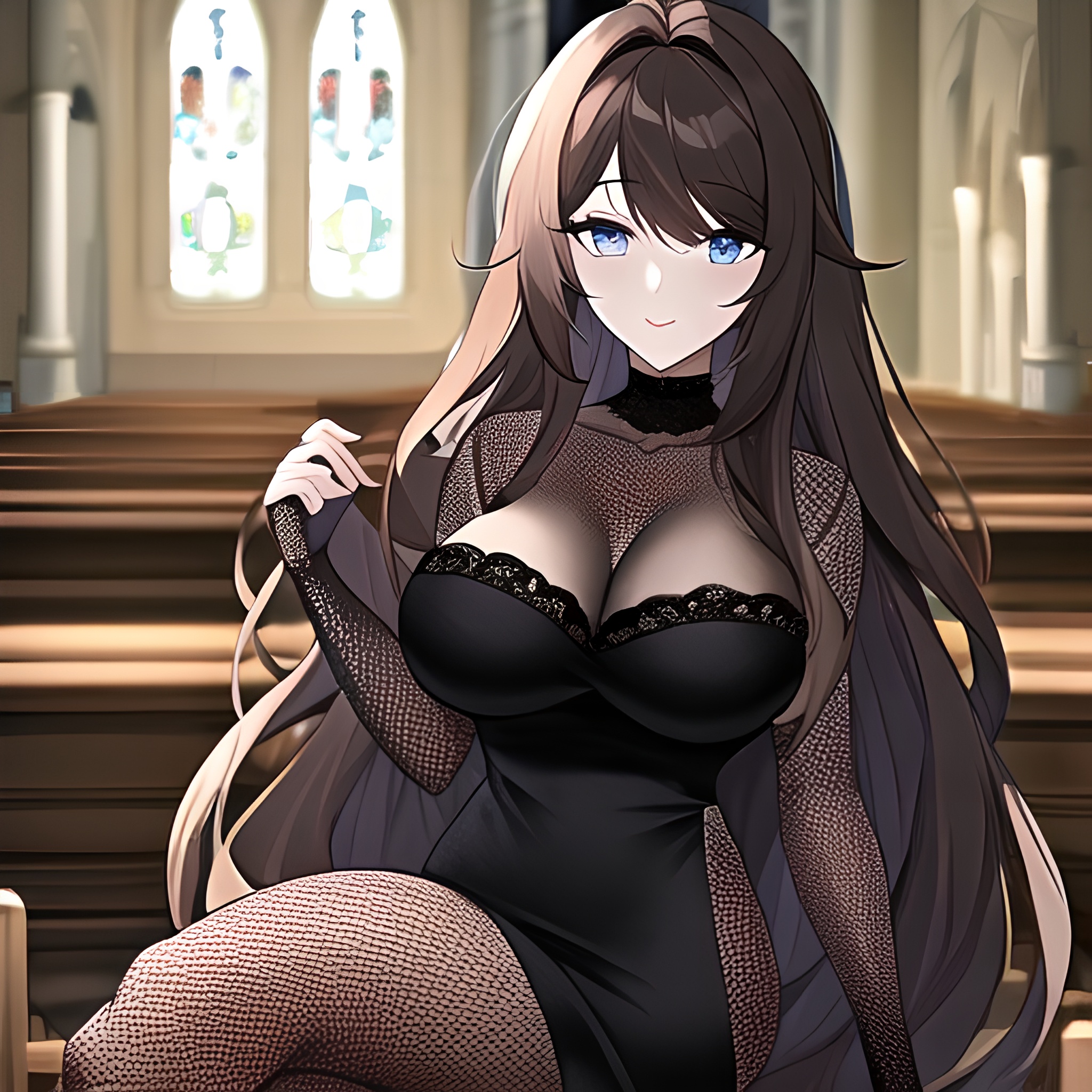 brunette church woman long hair messy hair fishnet 