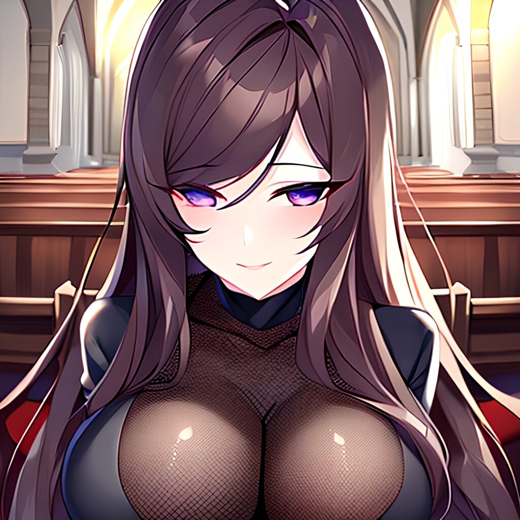 brunette church woman messy hair fishnet long hair