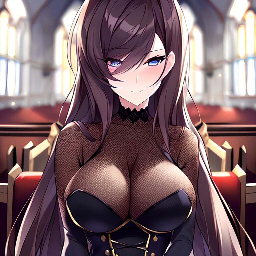 brunette church woman messy hair fishnet long hair 