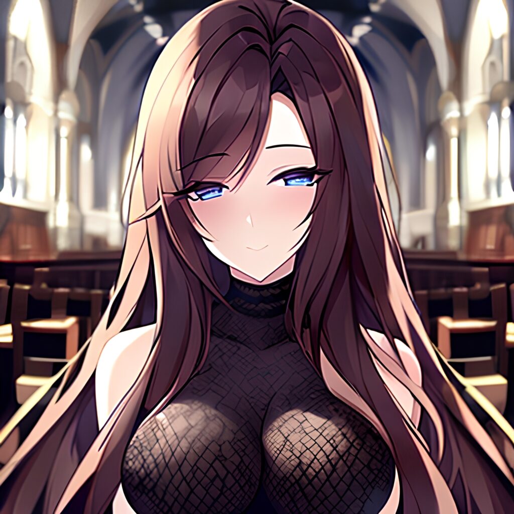 brunette church woman messy hair fishnet long hair 
