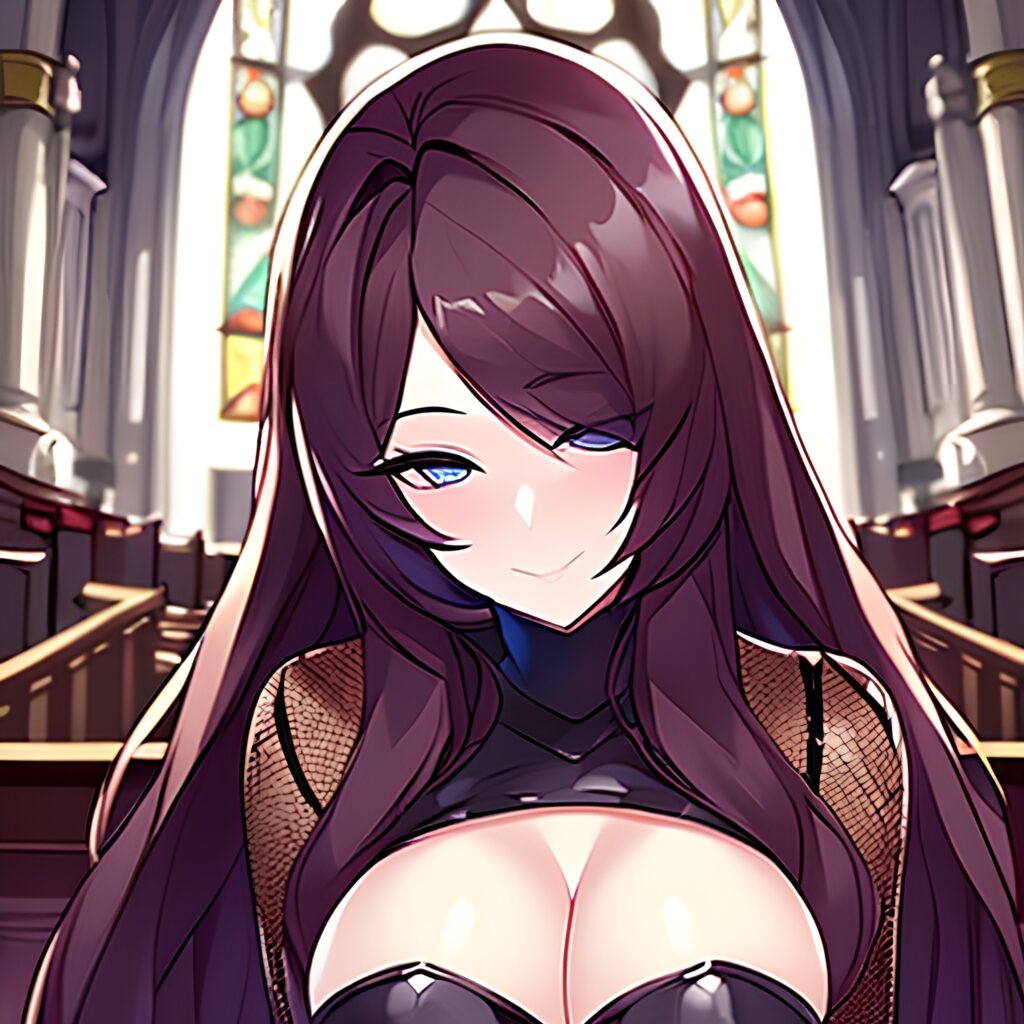 brunette church woman messy hair long hair fishnet