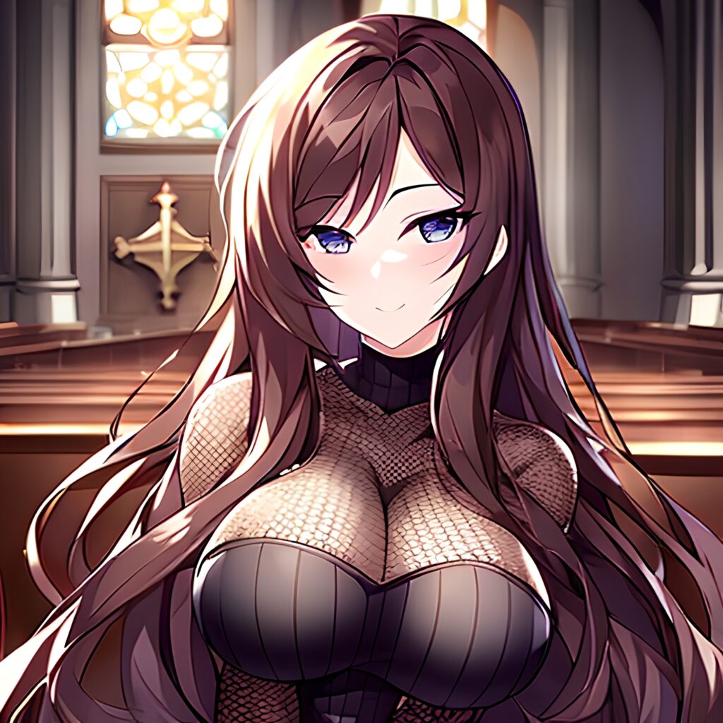 brunette church woman messy hair long hair fishnet 