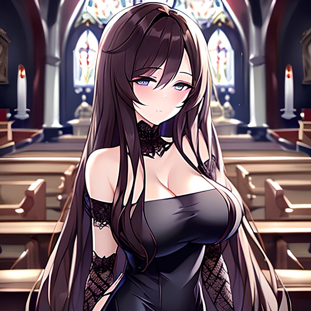 brunette church woman messy hair long hair fishnet 