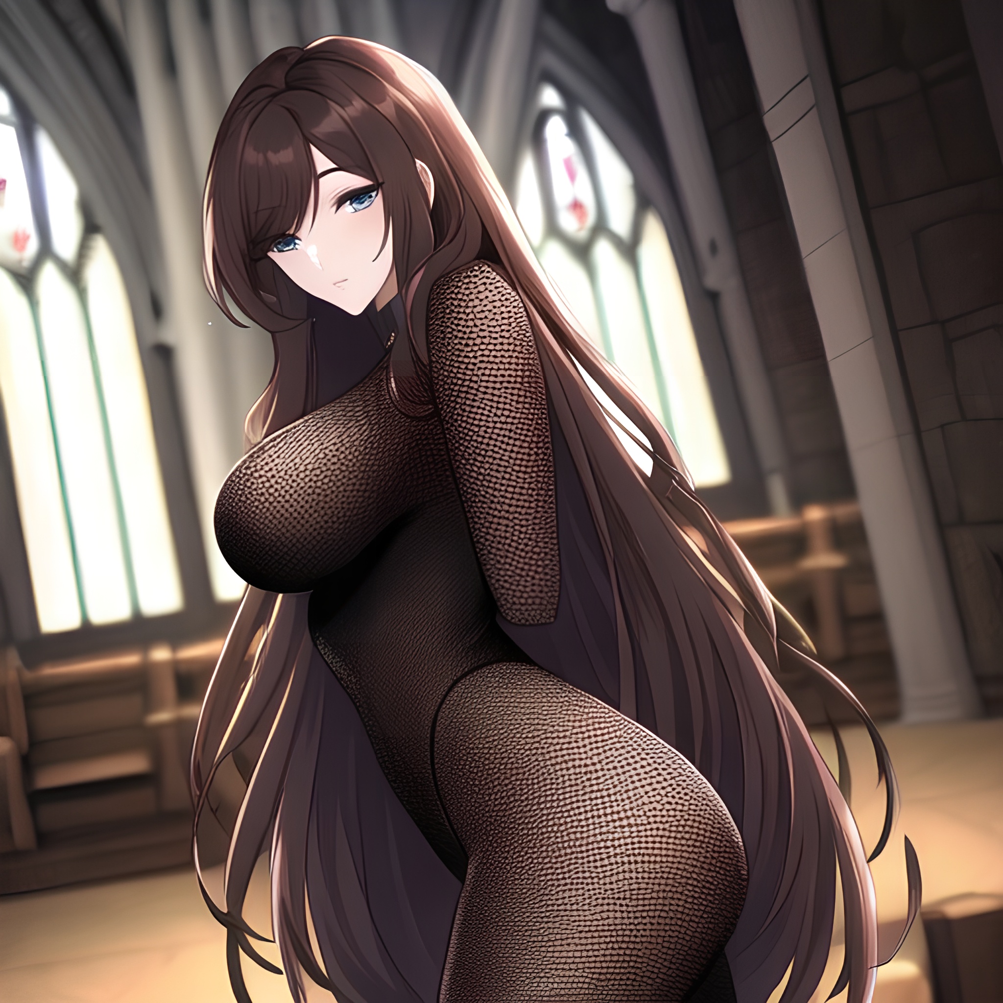 brunette church woman messy hair long hair fishnet 