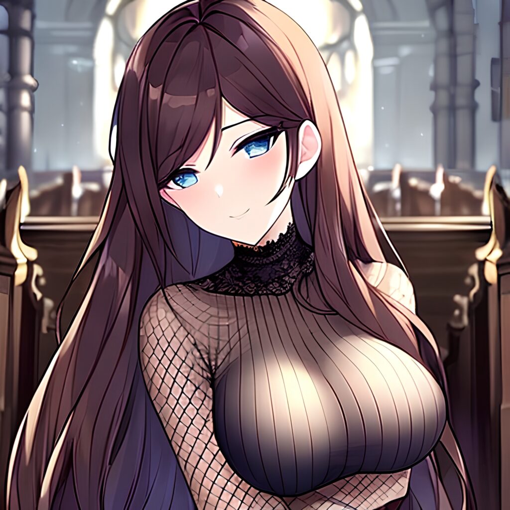 brunette fishnet church long hair messy hair woman 