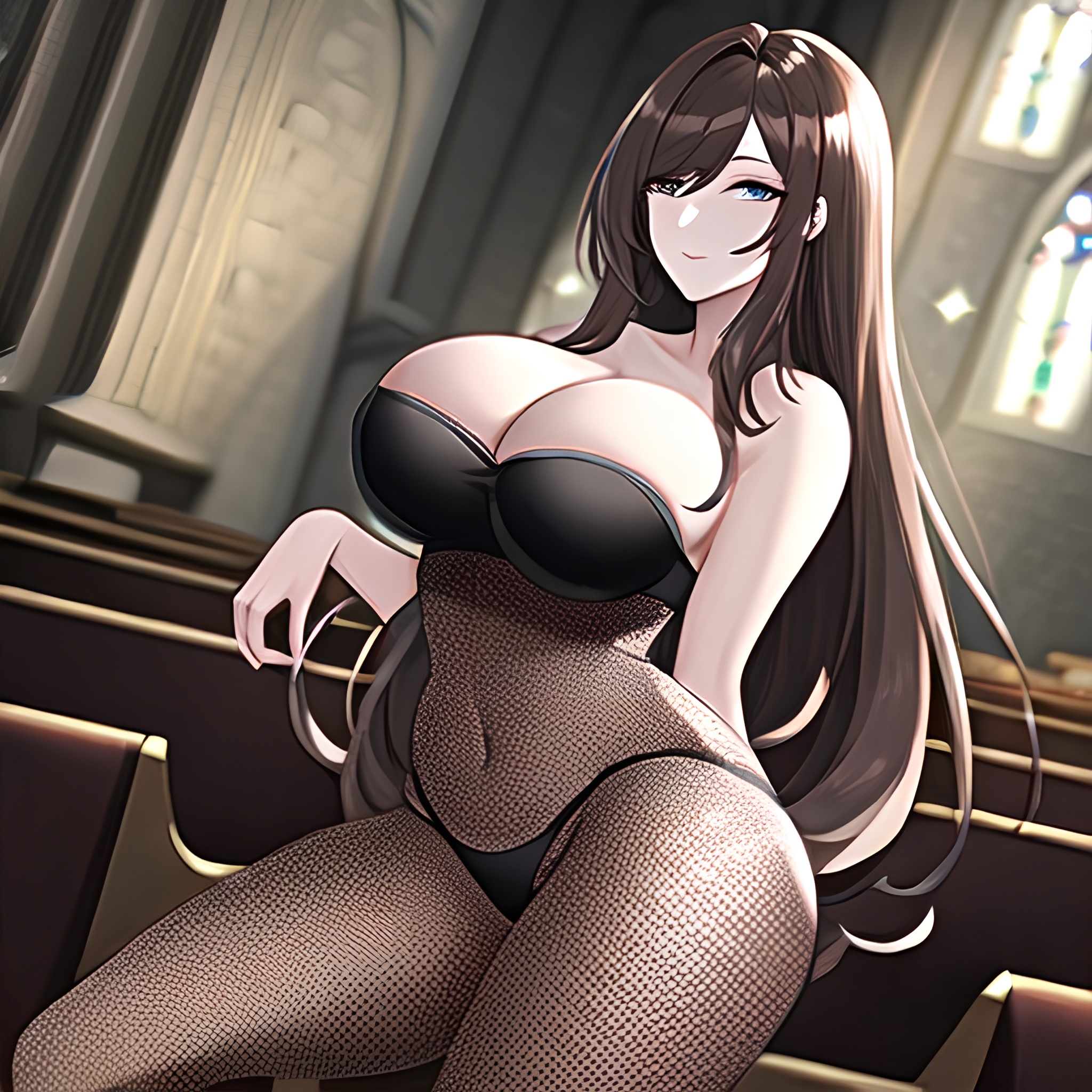 brunette fishnet church long hair messy hair woman 