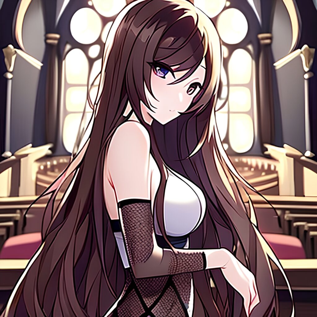 brunette fishnet church long hair messy hair woman 