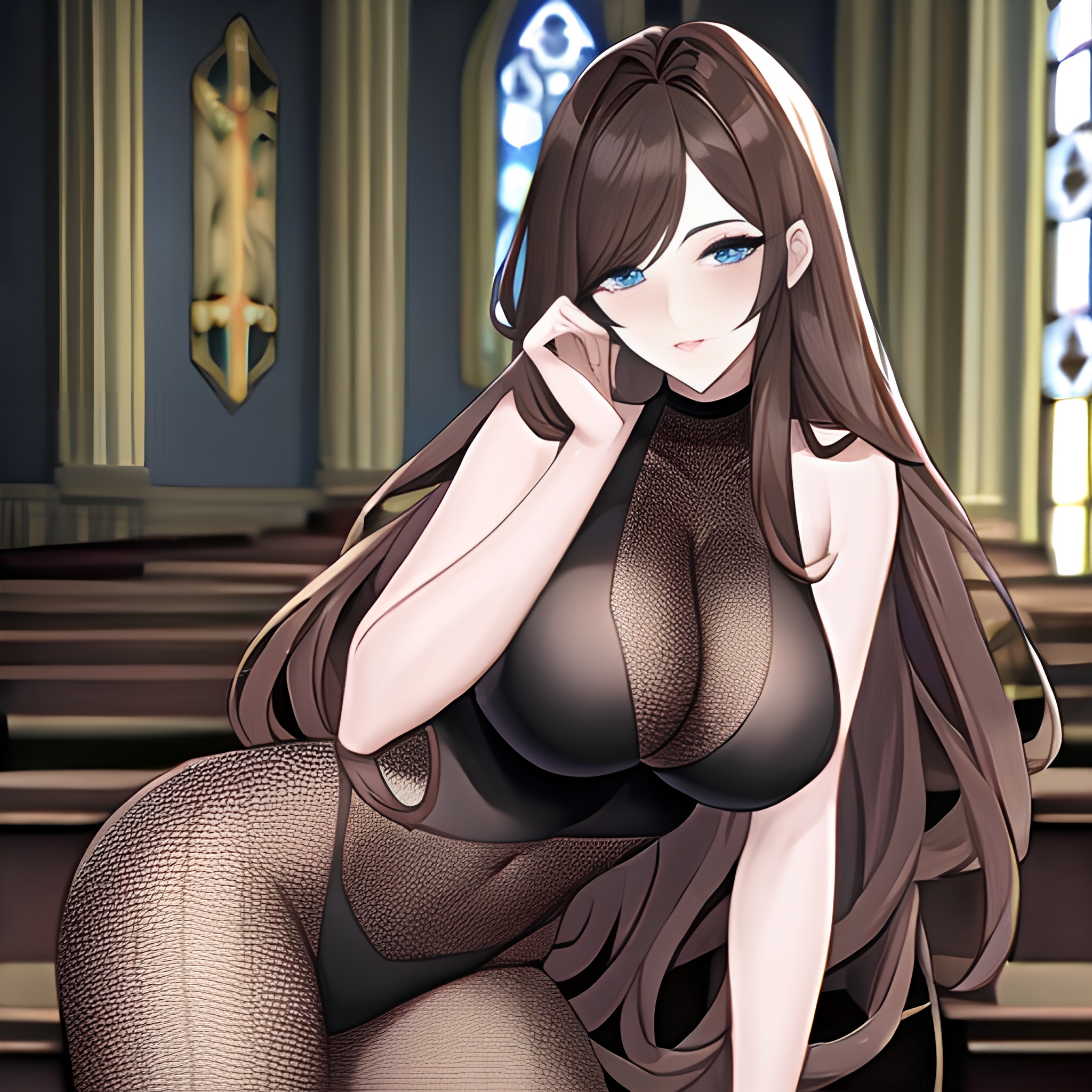 brunette fishnet church long hair messy hair woman 