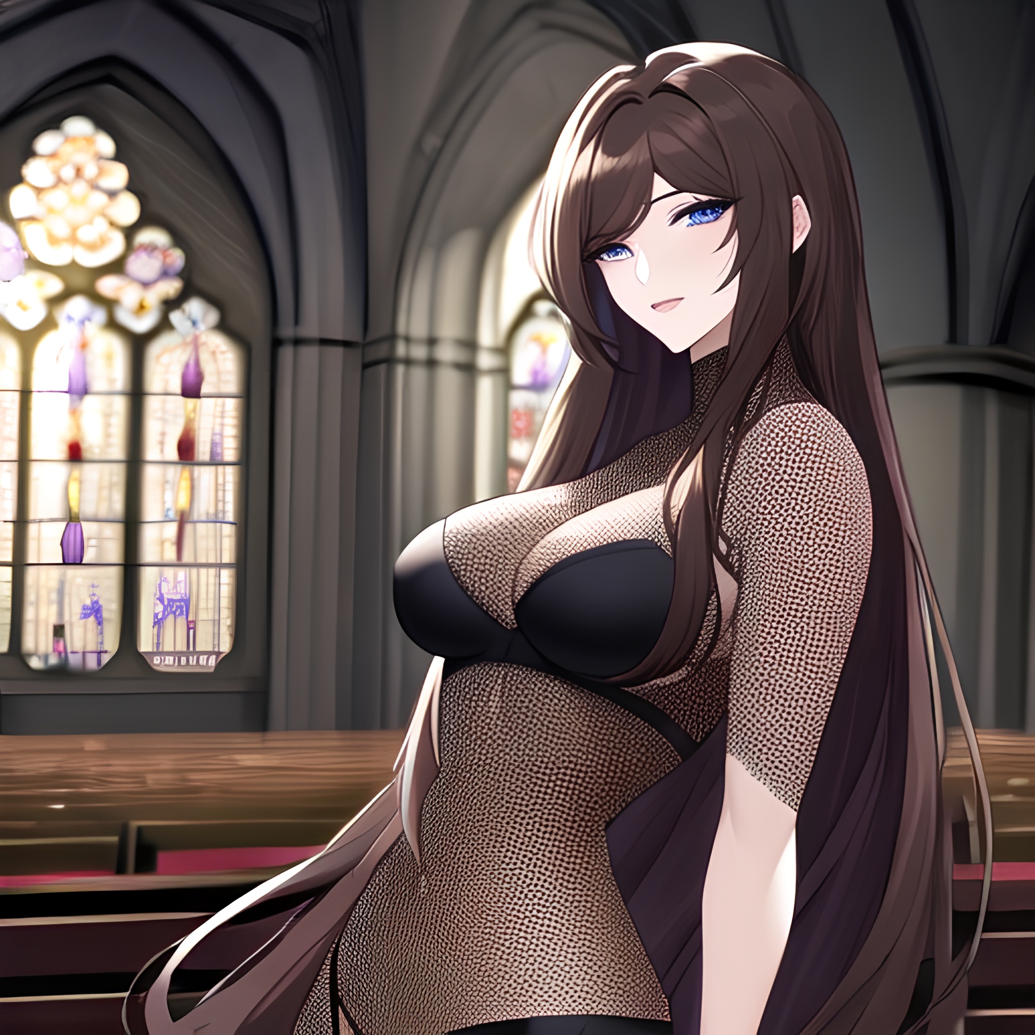 brunette fishnet church long hair messy hair woman 
