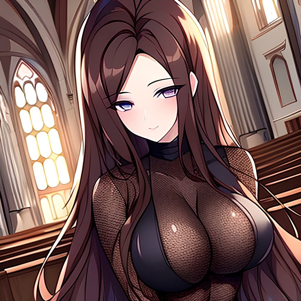 brunette fishnet church long hair woman messy hair