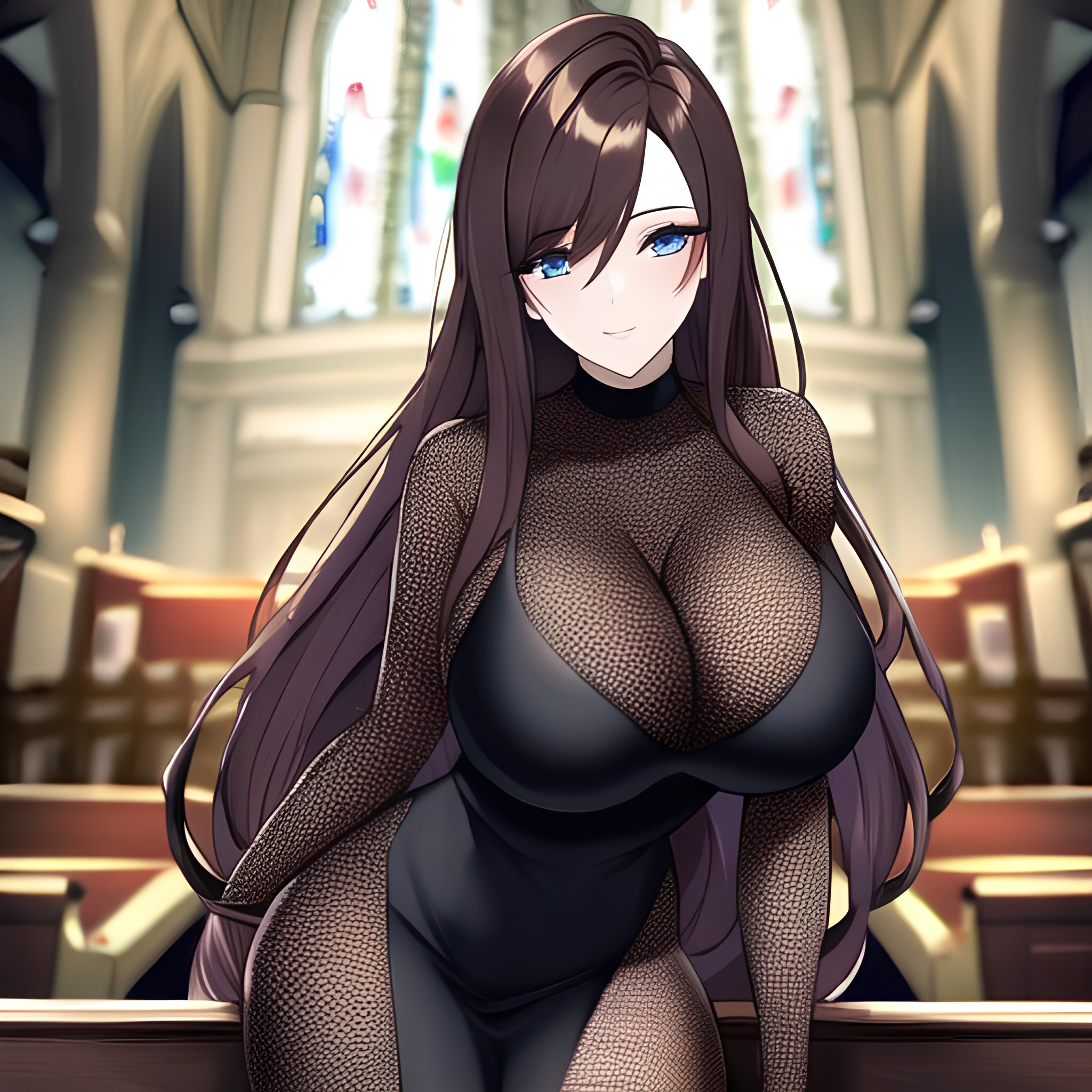 brunette fishnet church long hair woman messy hair 