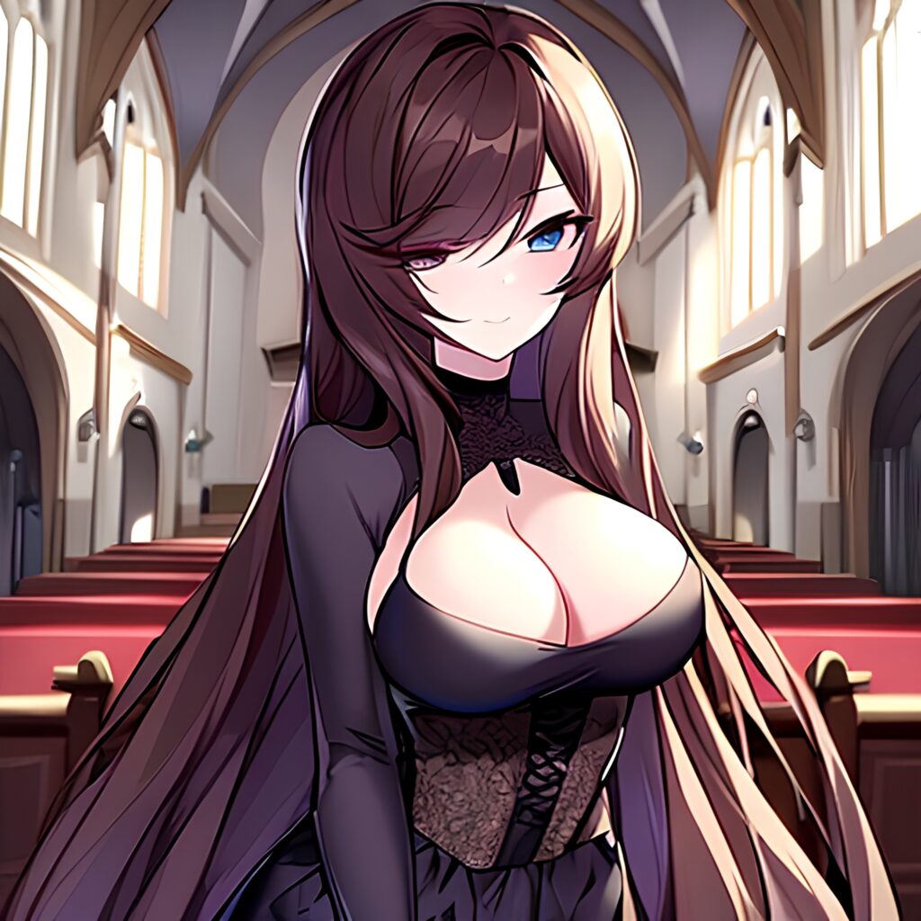 brunette fishnet church messy hair long hair woman 