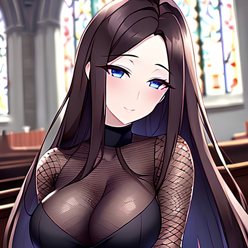brunette fishnet church messy hair long hair woman 