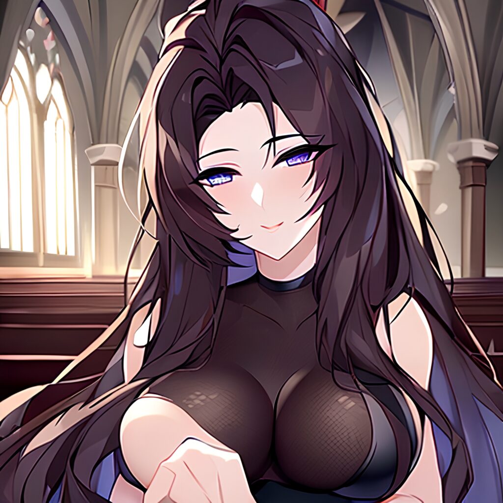 brunette fishnet church messy hair long hair woman 