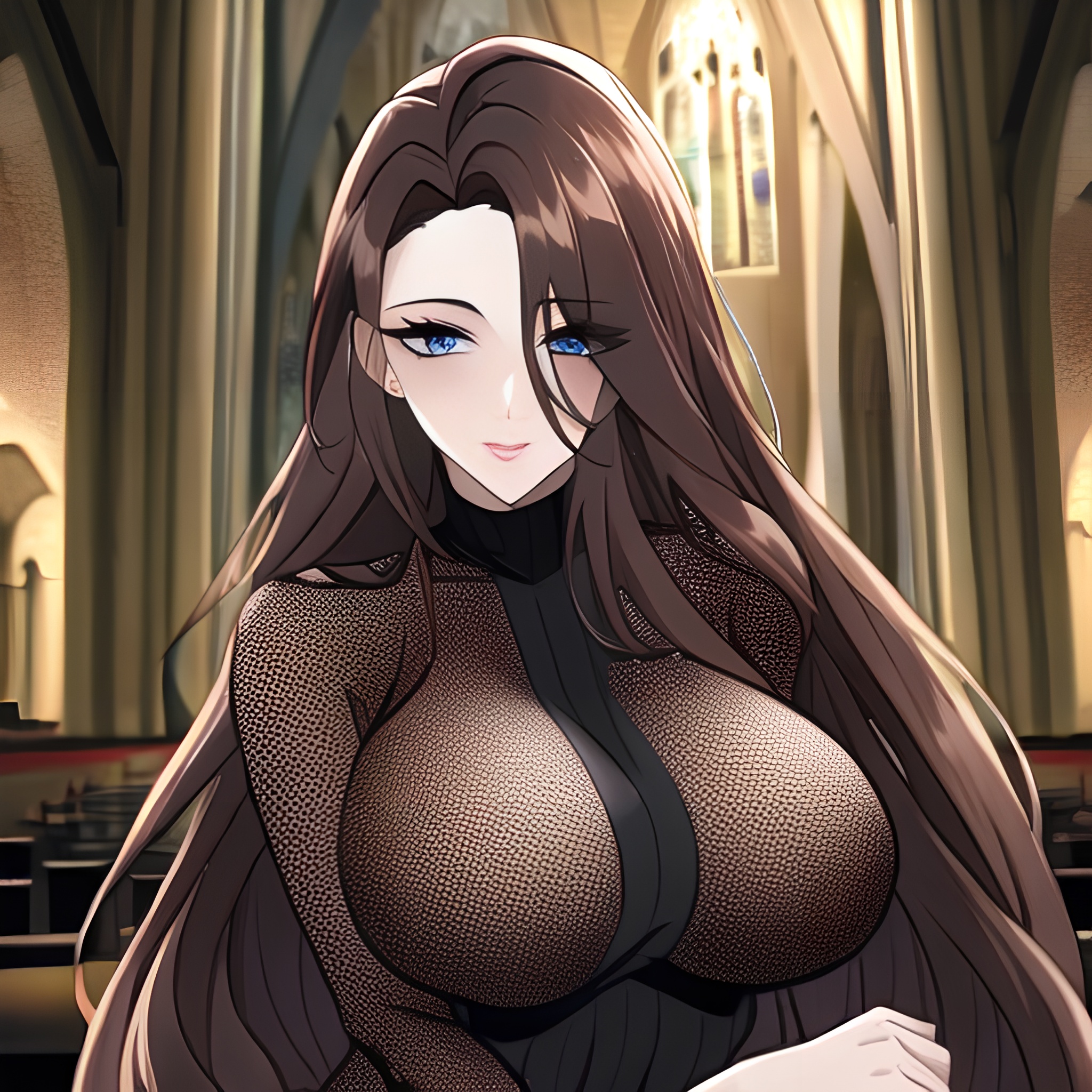 brunette fishnet church messy hair woman long hair 