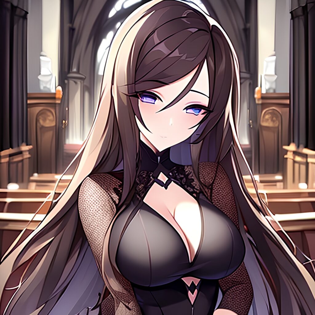 brunette fishnet church woman long hair messy hair 