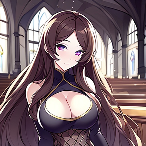 brunette fishnet church woman long hair messy hair 