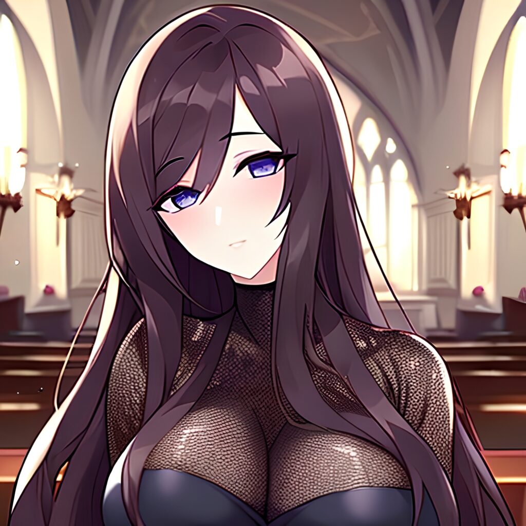 brunette fishnet church woman long hair messy hair 