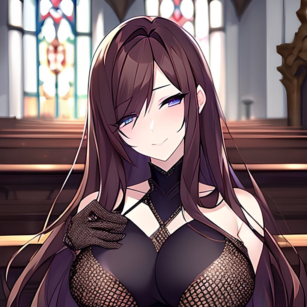 brunette fishnet church woman long hair messy hair 