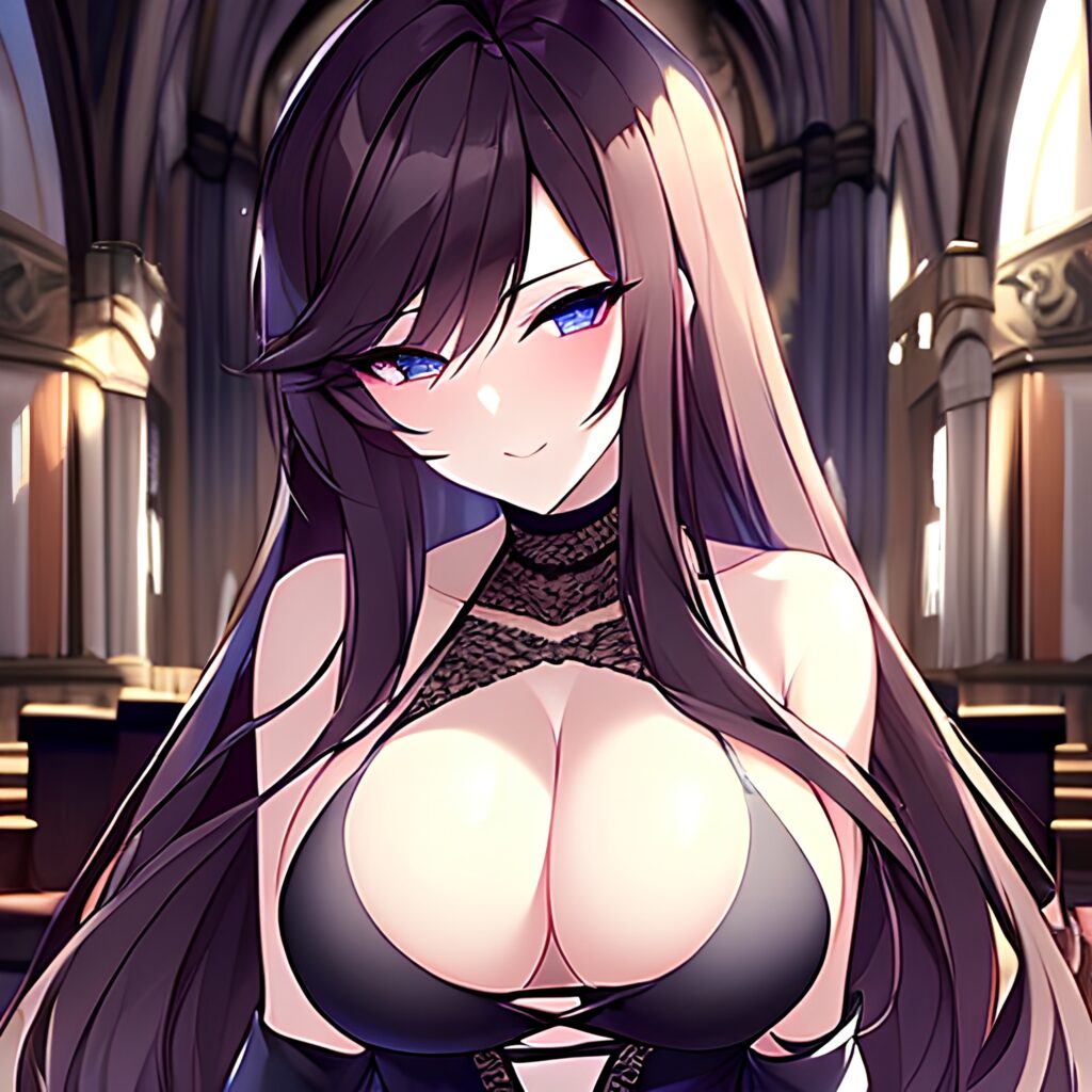 brunette fishnet church woman long hair messy hair 